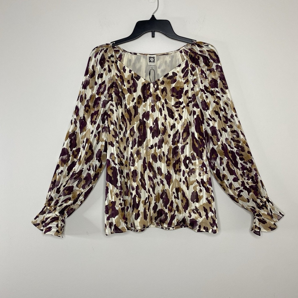 Anne Klein Blouse Women Small Leopard Print Long Sleeve Elastic Flare Cuffs